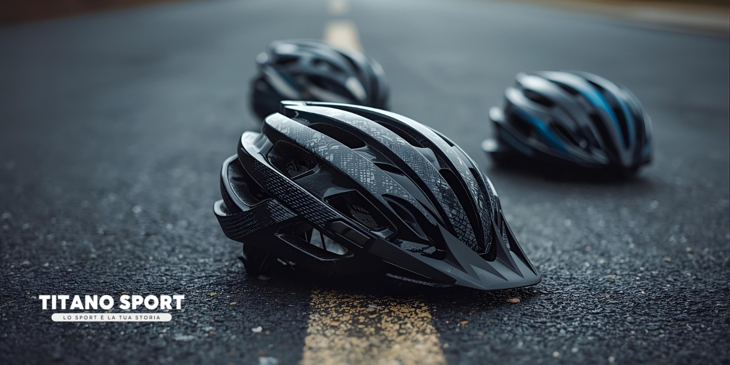 Tre caschi da ciclismo appoggiati sull'asfalto di una strada